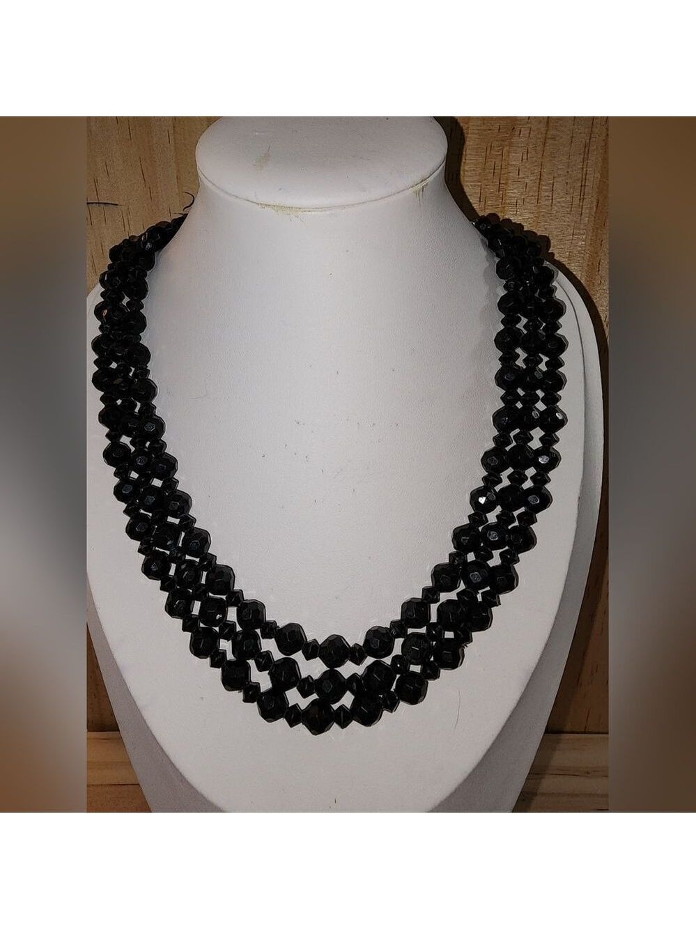 Germany Vintage Black Beaded Necklace 14"+3"